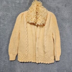Crochet Yellow Button Up Chunky Cardigan Lion Mane Collar Size Medium / Large‎
